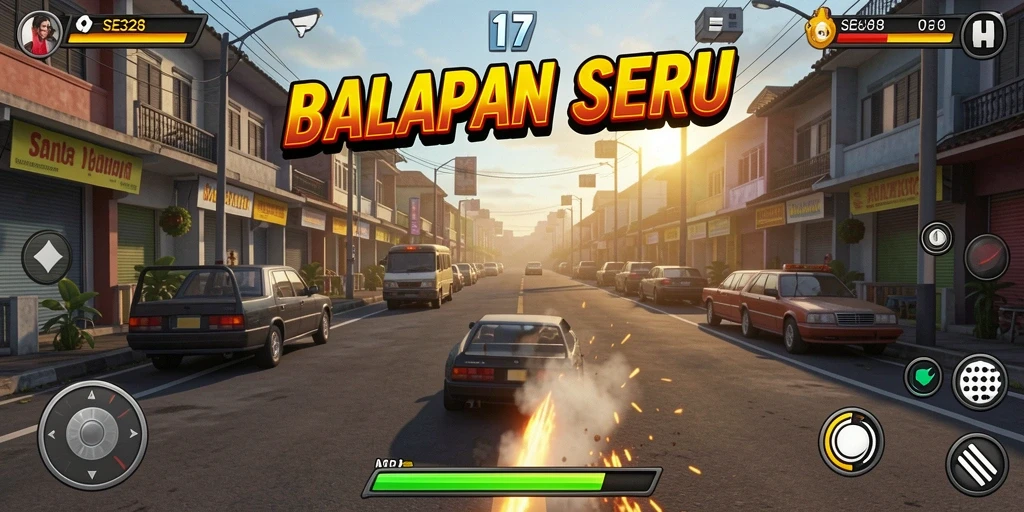 Tangkapan layar gameplay SE328 menunjukkan mobil melaju kencang di lintasan balap yang mendebarkan.